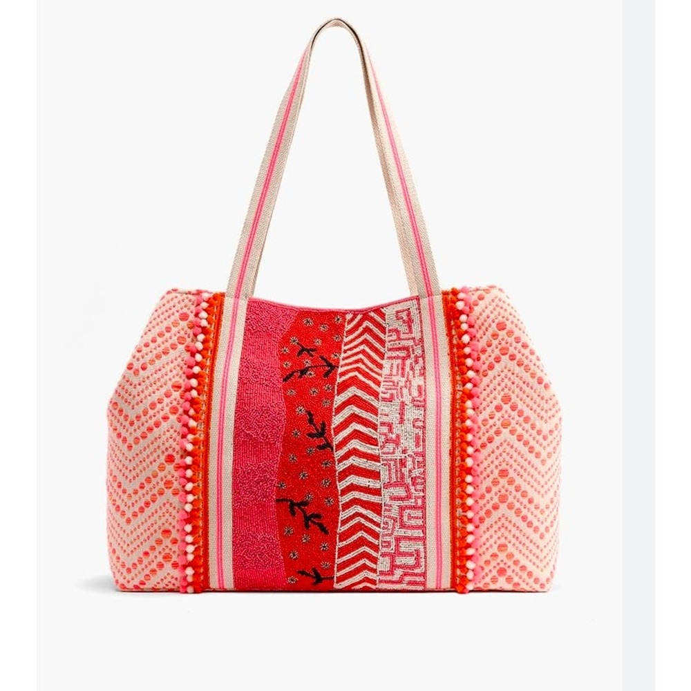 America & Beyond Tigerlily Embellished Beaded Coral Tote Bag AB22-473